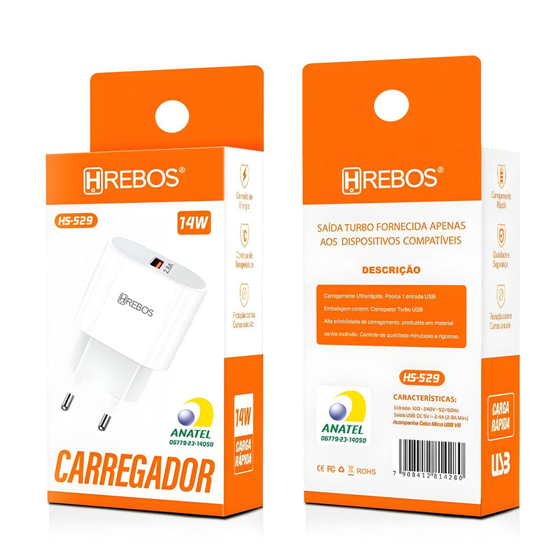 Fonte Carregador Turbo 14W USB Hrebos HS-529