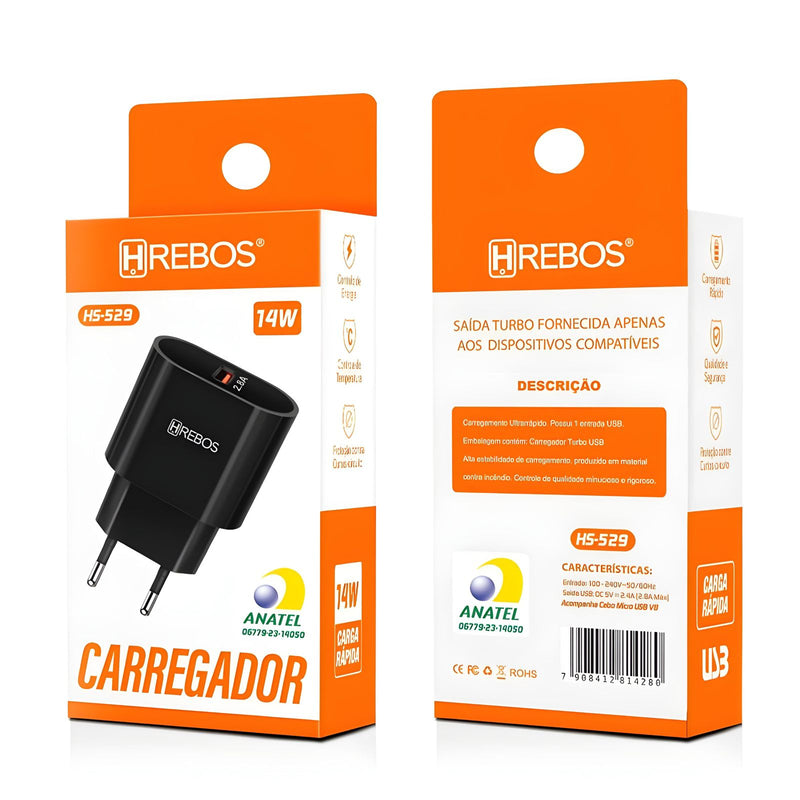 Fonte Carregador Turbo 14W USB Hrebos HS-529